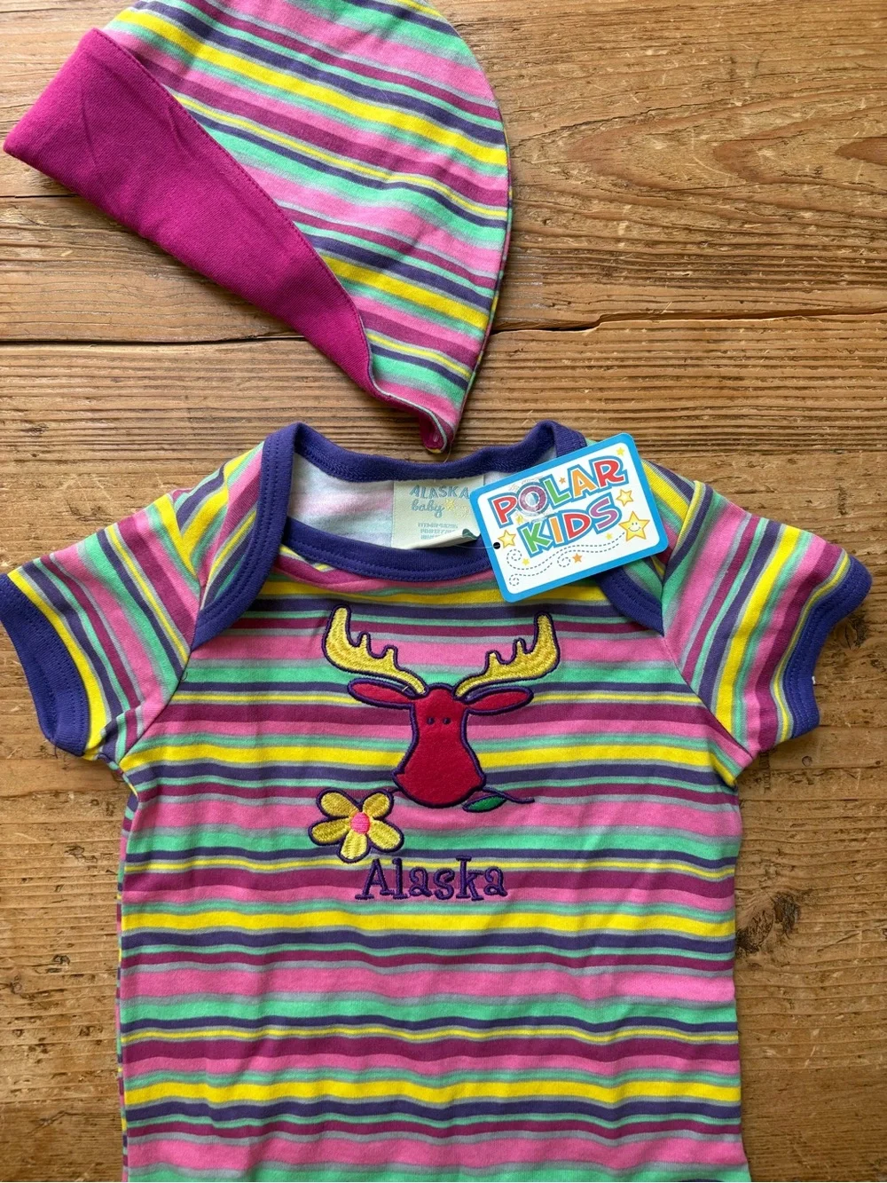 Y2K Polar Kids Alaska Striped Baby Onesie & Hat - Pink, Green, Yellow